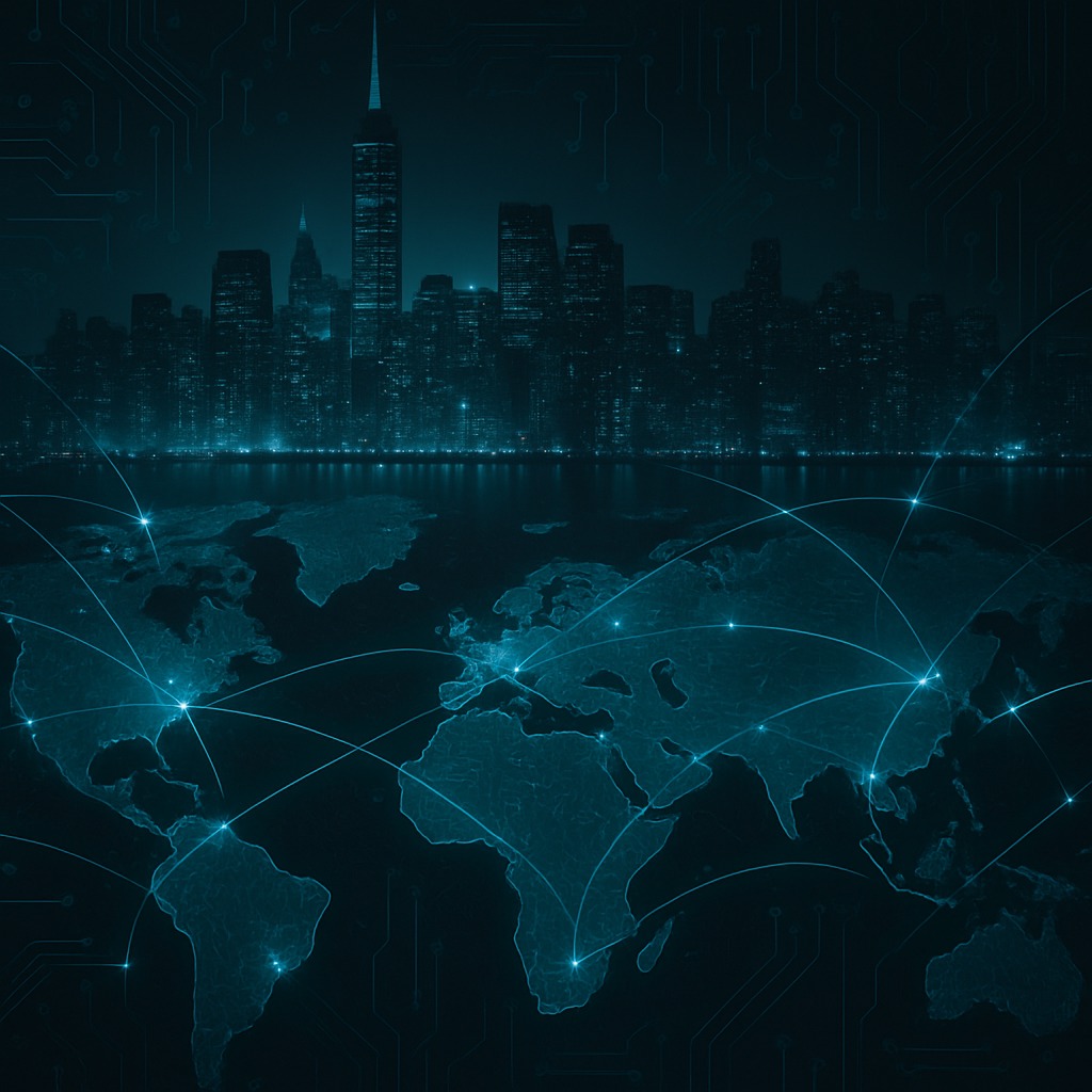Night skyline with luminous trade routes