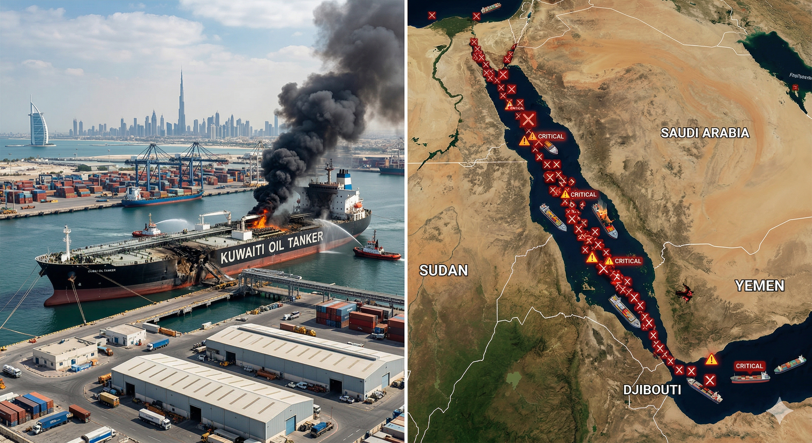 Kuwaiti tanker strike and Red Sea shipping risk map